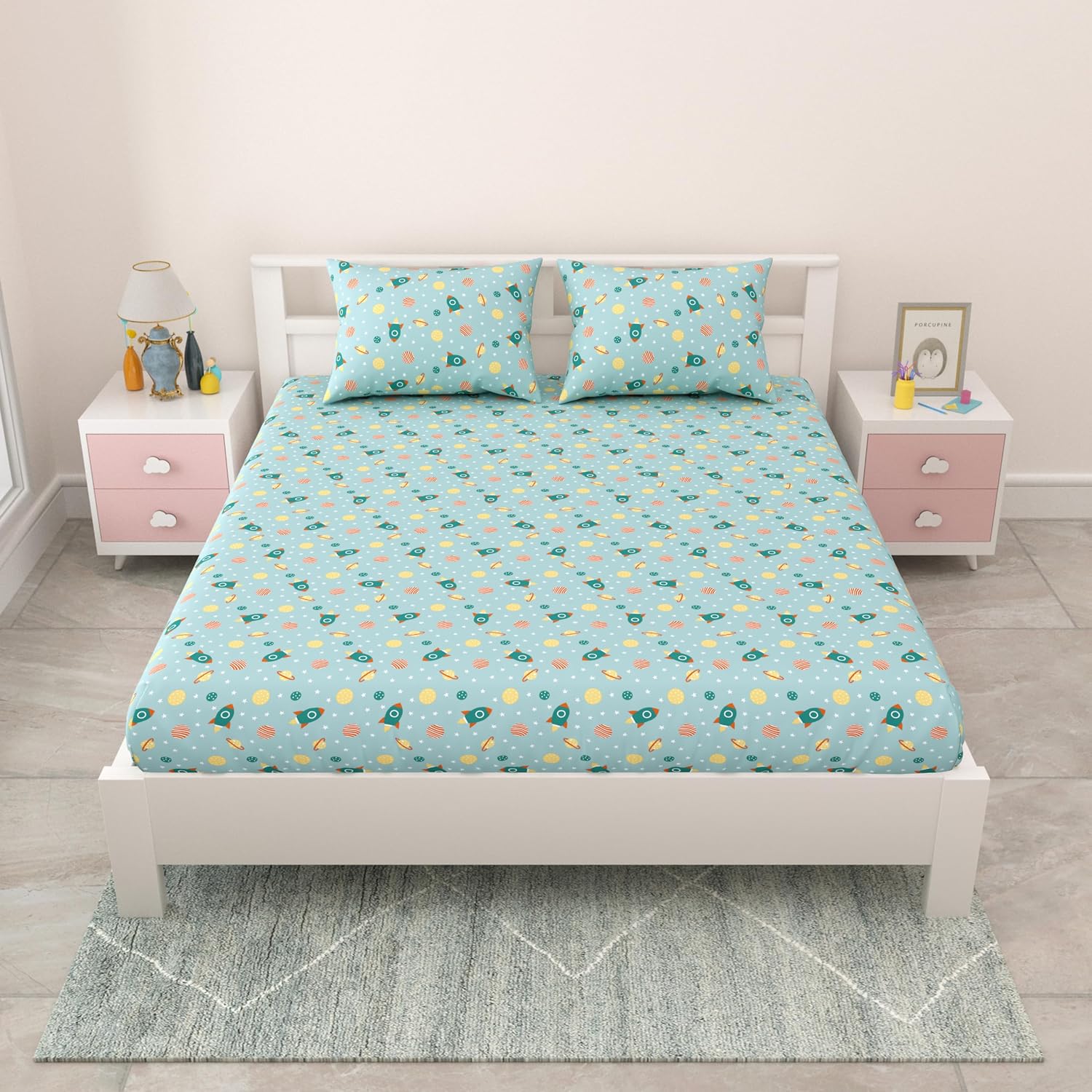Pure Cotton Kids Bedsheet Double Bed Queen Size With 2 Pillow Covers | 90 X 100 Inches, Aruba Blue | Fun Cartoon Theme, Soft & Breathable Fabric