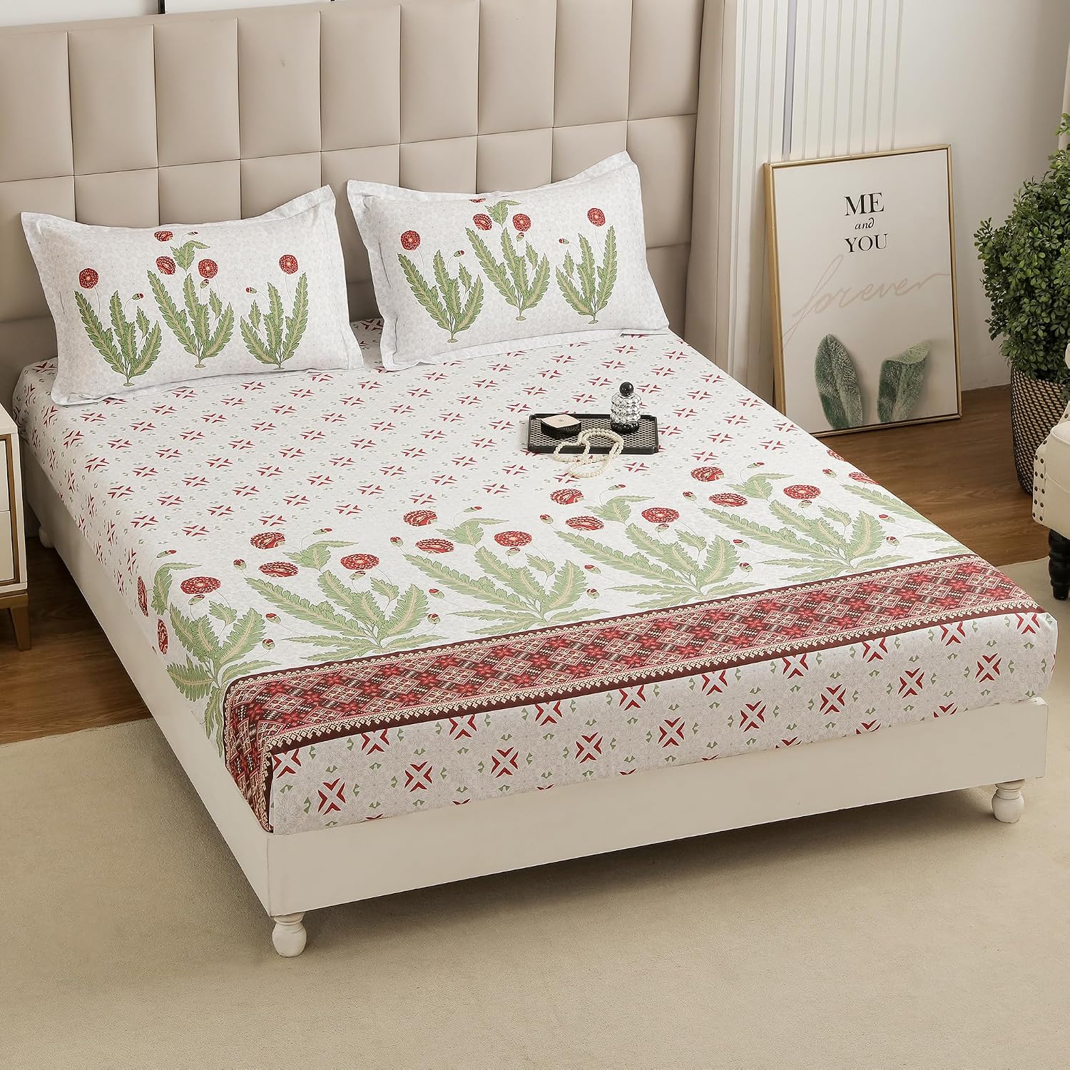 1 Piece Cotton Bedsheet For King Size With 1 Pillow Cover - 108 X 108 Inches, White & Green | Soft & Durable For Everyday Use & Bedroom - All Season Comfort