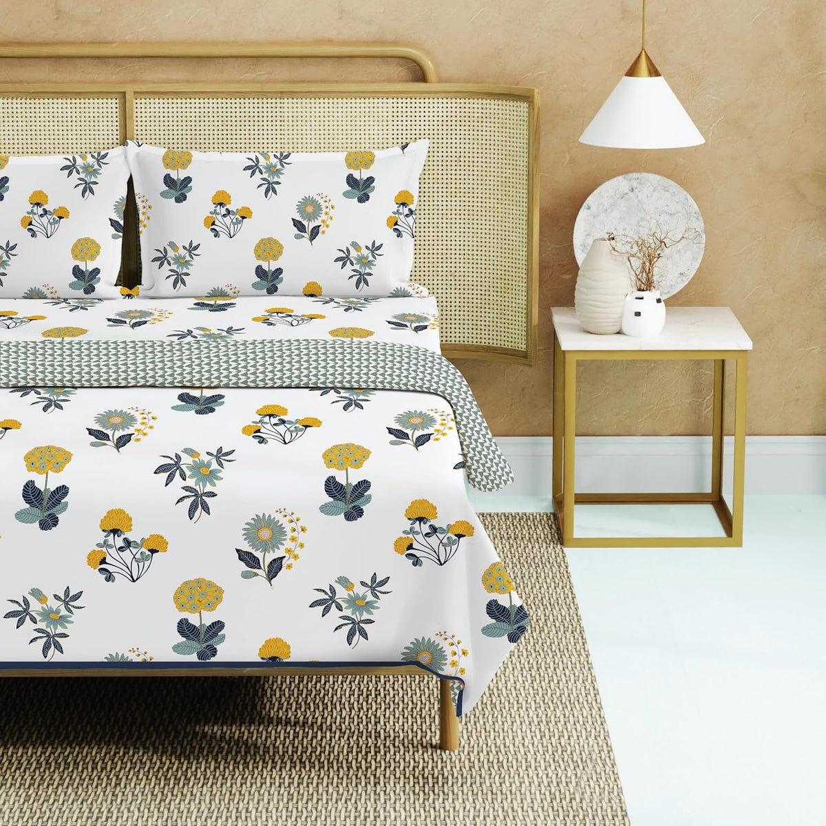 Bedding Set Blanket With 1 Cotton Double Bedsheet - 2 Pillow Covers | 88 X 100 Inches, White & Yellow - Breathable, Lightweight, Reversible, Skin Friendly, Wrinkle Resistant