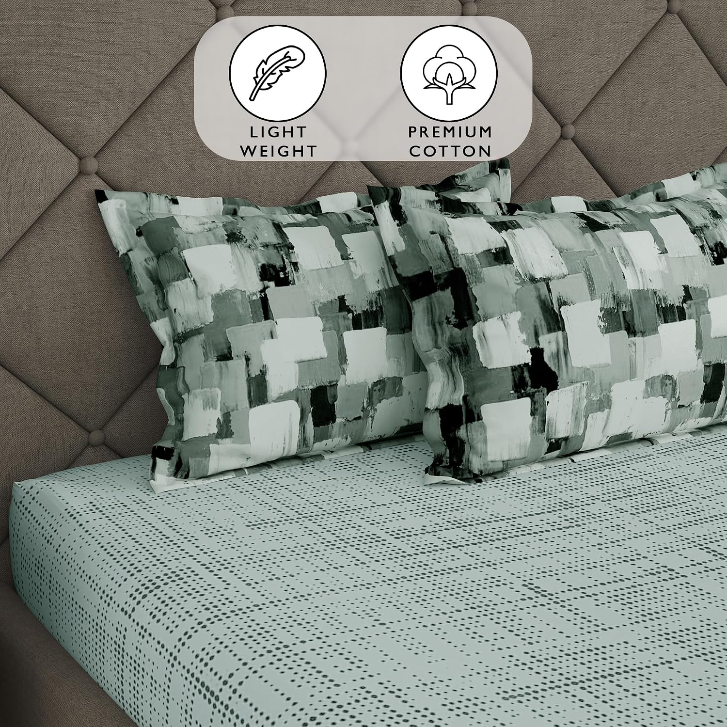 Bedsheets For Double Bed With 2 Pillow Covers - 88 X 100 Inches, Grey & Green | Ideal For Home Decor, Guest Home, Hotel