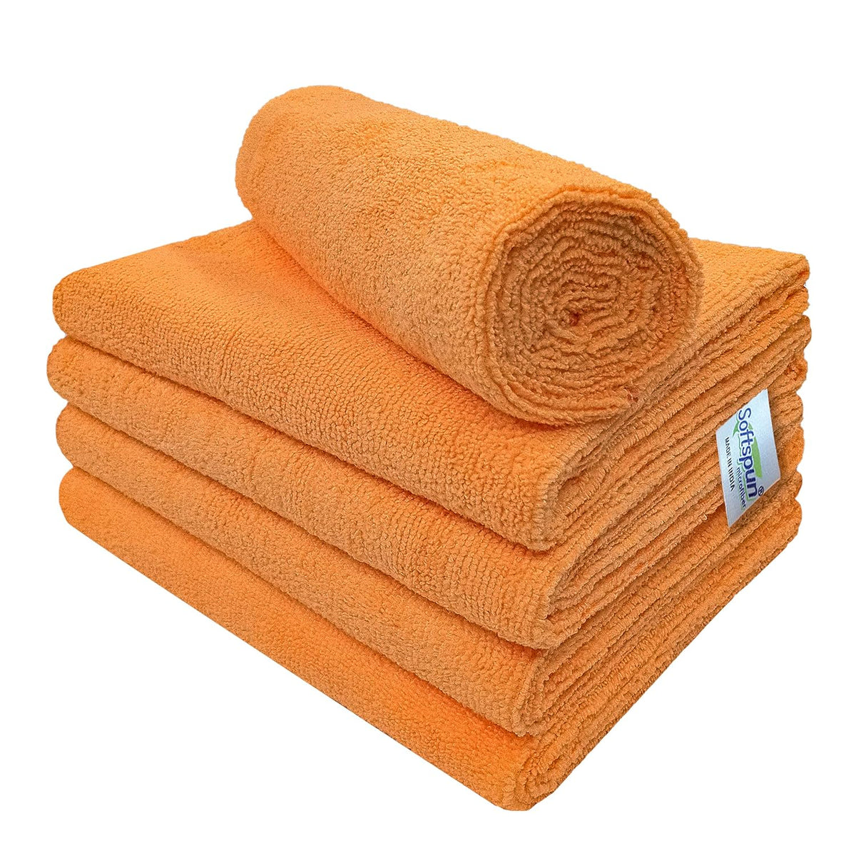 Softspun Microfiber Cleaning Cloths Towel Set 450 Gsm | Highly Absorbent Lint & Streak Free Multi-Purpose Wash Cloth For Kitchen Car Window Stainless Steel Silverware Pack Of 5 (Orange)