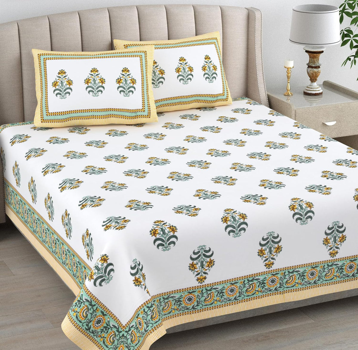 Hand Printed Cotton Bedsheet For King Size With 2 Pillow Covers | 93 X 108 Inches, White & Yellow | Ultra-Soft & Skin-Safe | Breathable Summer Comfort