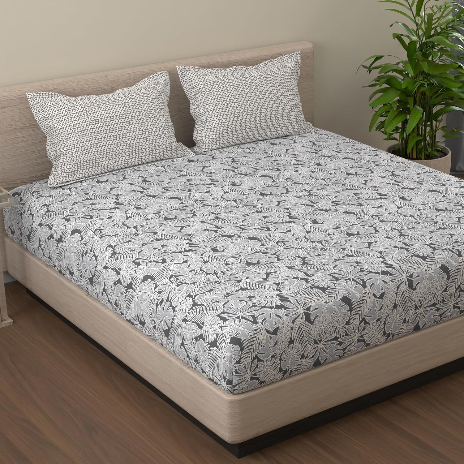 Grey & White King Size Bedsheet With 2 Pillow Covers - 108 X 108 Inches | Cotton Bed Sheets Are Easy To Wash And Maintain At Home
