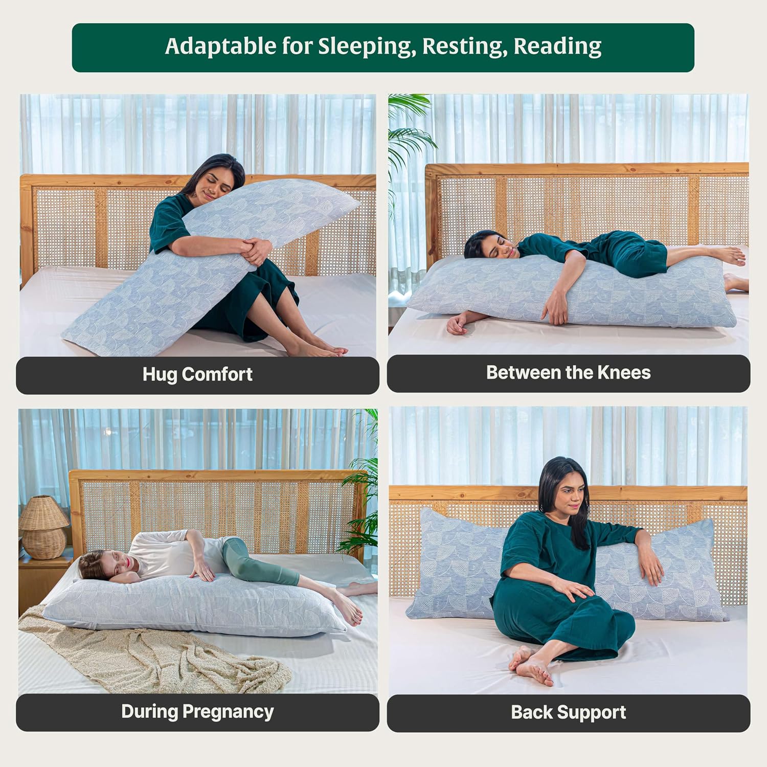 Full Body Hug Pillow For Sleeping, Memory Foam Pillow, Blue - 54 L X 20 W Inch | Micro Fiber Pillow For Body Support, Pregnancy Long Pillow For Bed, Side Sleeper, Washable Cover