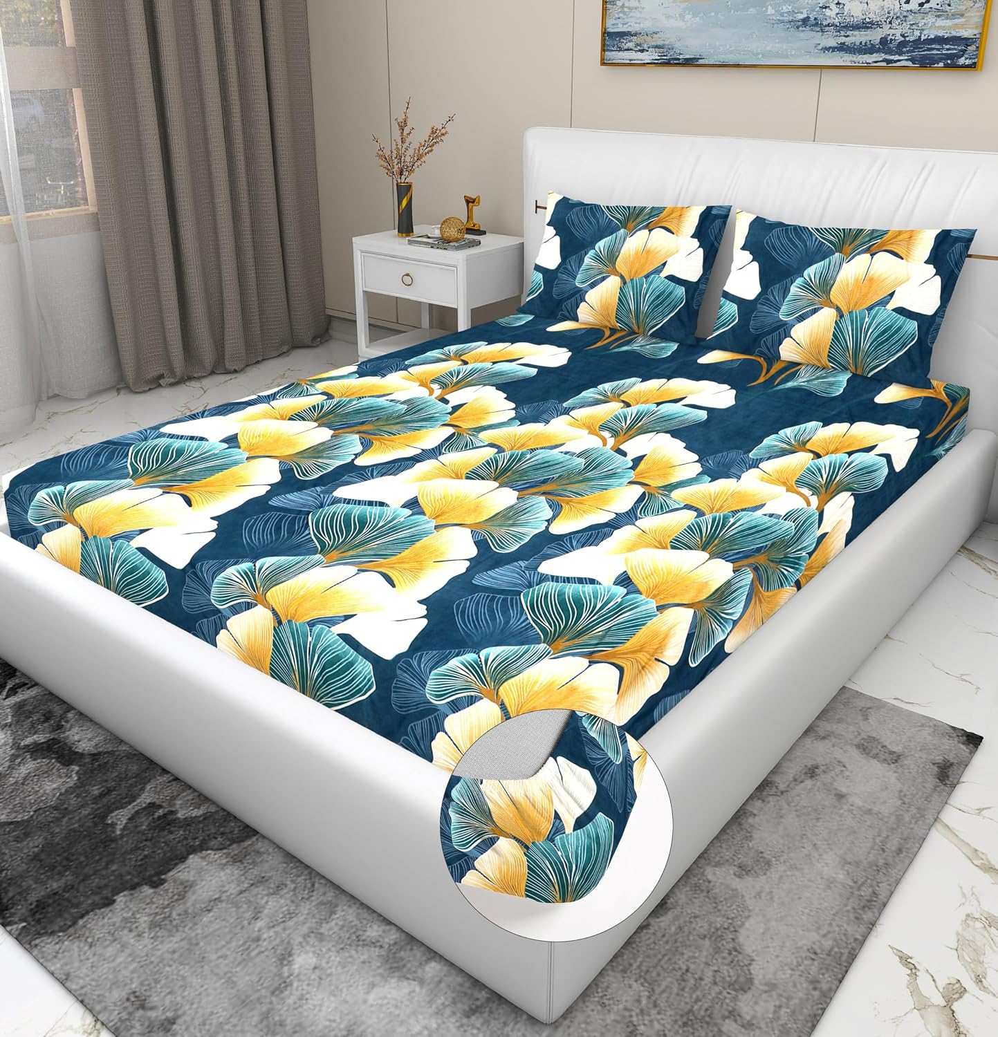 Luxurious Glace Cotton Super Soft Bedsheets King Size Bed (72 X 78 X 8 Inch) With 2 Pillow Cover | All Around Elastic Fitted Bedsheets, Teal Blue