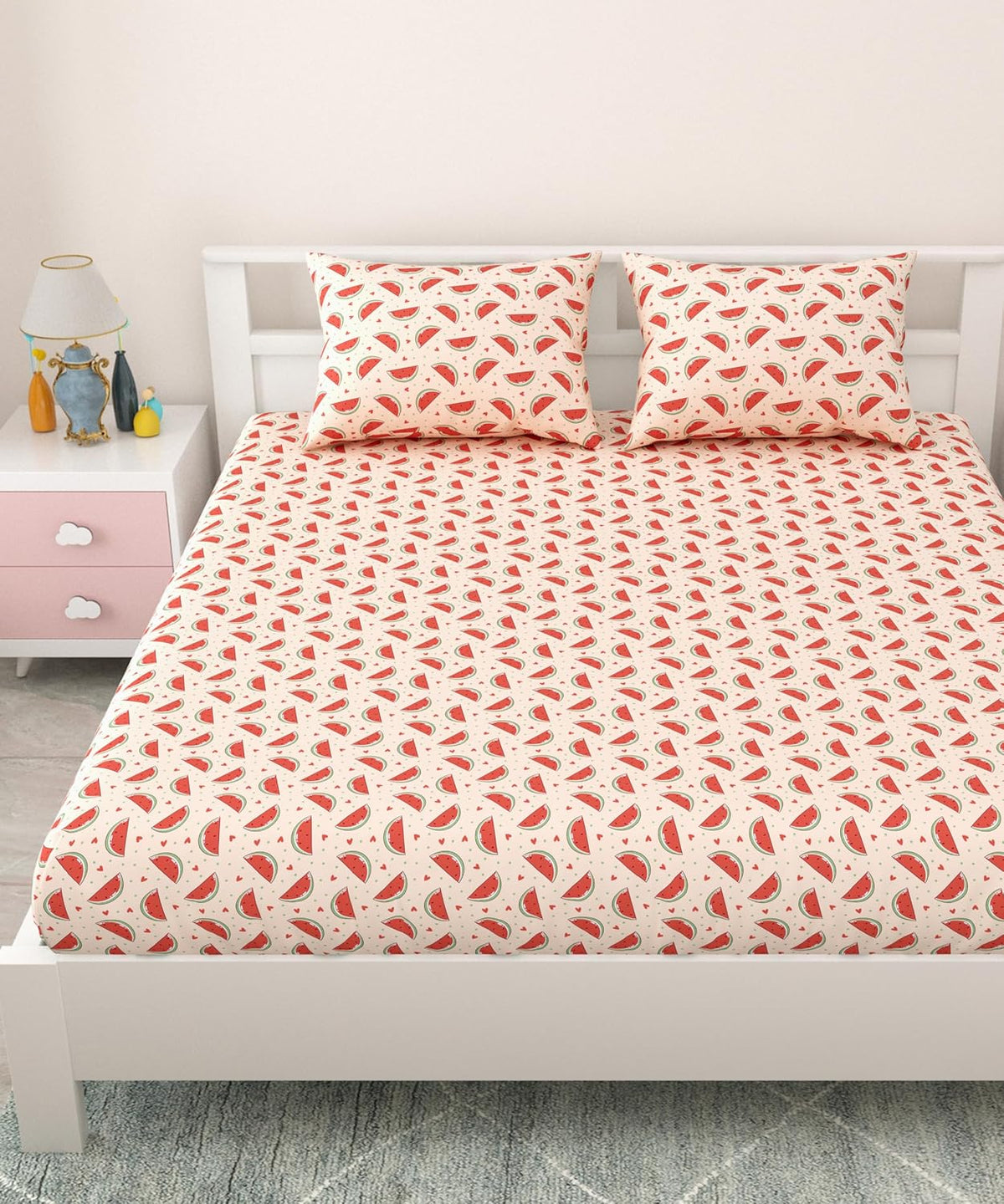 Pure Cotton Kids Bedsheet Double Bed Queen Size With 2 Pillow Covers | 90 X 100 Inches, Dusky Peach | Fun Cartoon Theme, Soft & Breathable Fabric