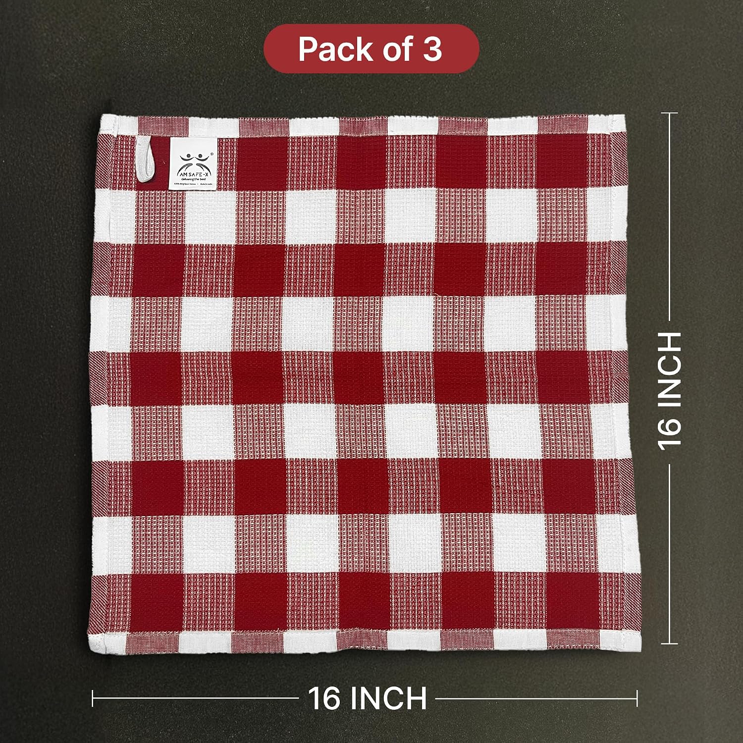 Am Safe Xam Safe X 100% Cotton Kitchen Towels 200 Gsm | Dish Cloths, Table & Fridge Cleaning, Roti Napkins -Pack Of 3 (Maroon & White)