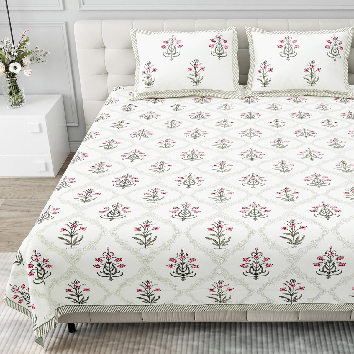 Pure Cotton King Size Bedsheet 2 Matching Pillow Covers | 100x108 Inches, Pink & White | Traditional Jaipuri Printed Bedsheet | Ideal Wedding Gift, Housewarming, Special Occasion Surprise