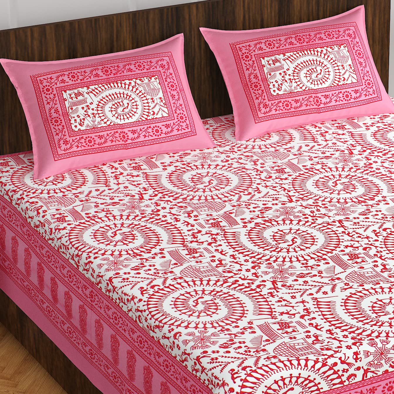 Printed Double Bedsheet For Queen Size With 2 Pillow Covers - 86 X 93 Inches, White & Pink | Better Use Soft Detergent For Long Durability