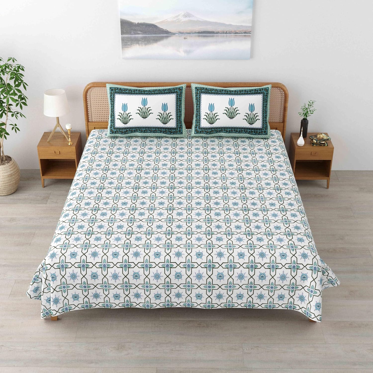 Traditional Rajasthani Cotton Bedsheet For King Size With 2 Matching Pillow Cover | 90 X 108 Inches, Han Blue & White | Soft & Comfortable Fabric