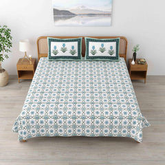 Traditional Rajasthani Cotton Bedsheet For King Size With 2 Matching Pillow Cover | 90 X 108 Inches, Han Blue & White | Soft & Comfortable Fabric