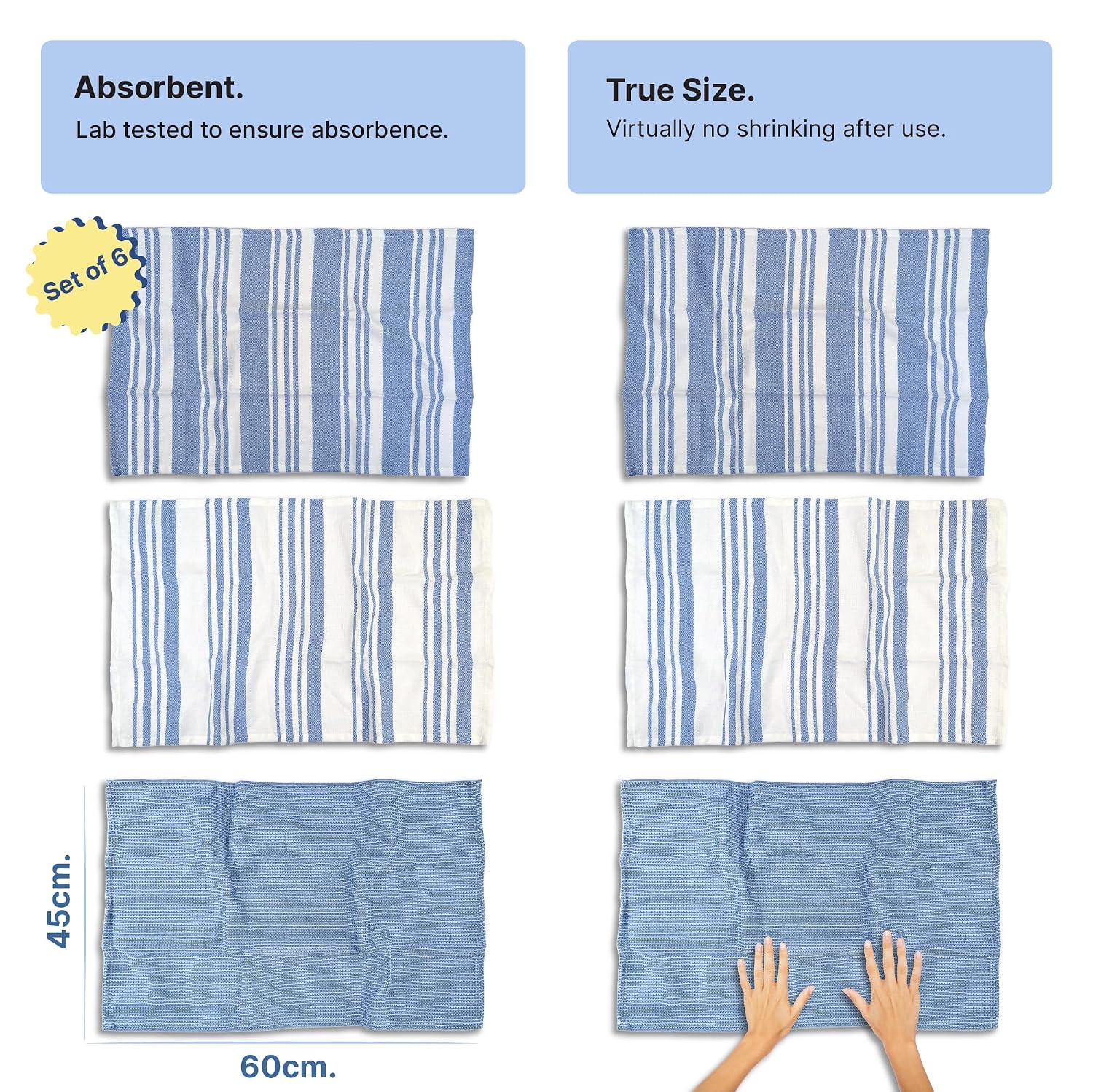 Indihaus Cotton Multi-Purpose Kitchen Hand Towels 370 Gsm | Waffle & Stripes Lunch, Dish Towel (Blue)- Pack Of 6