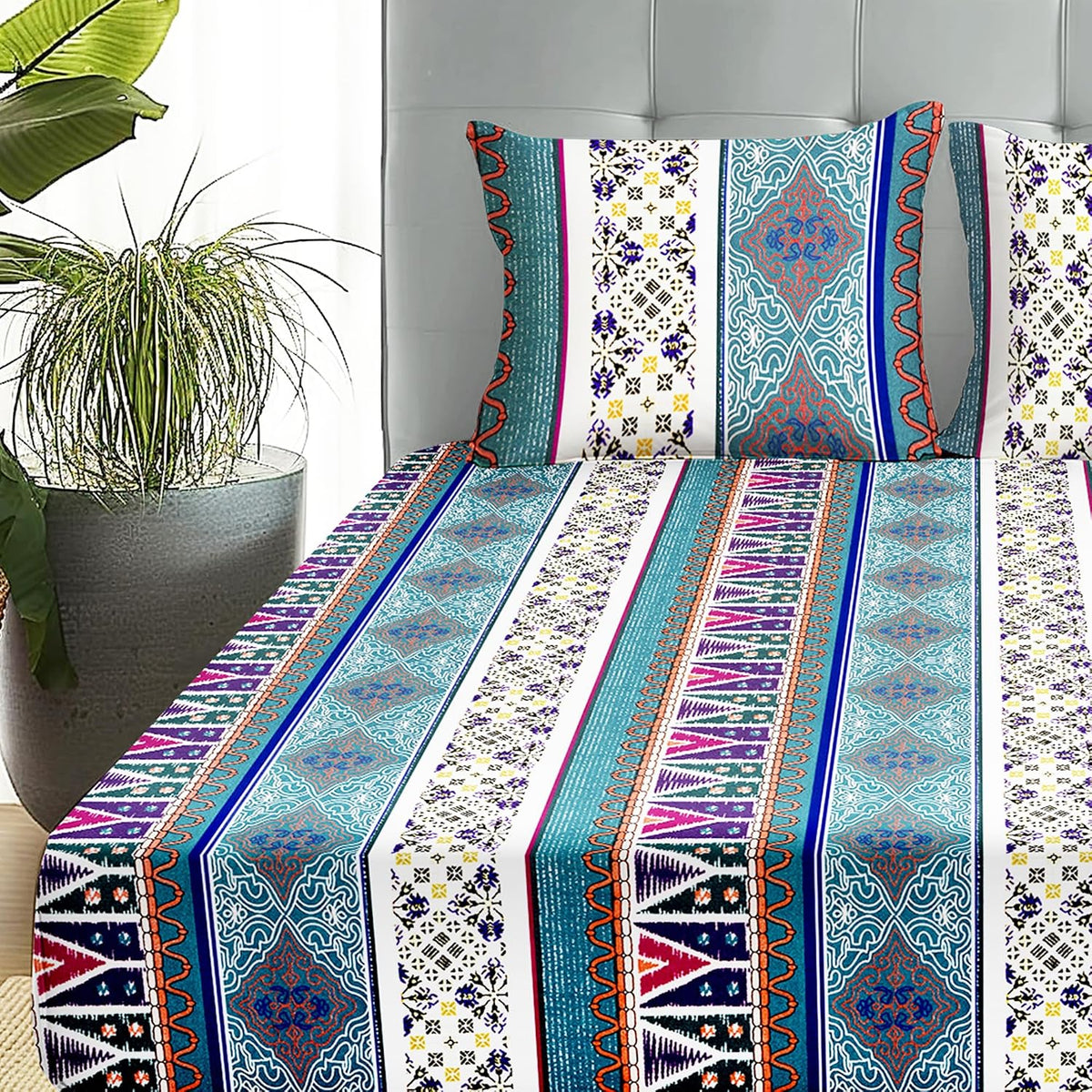 Double Bedsheet With 2 Pillow Covers - Queen Size 88 X 98 Inches, Blue & White | Perfect For Home Decor & Gifting | 4 Pcs Bedding Set