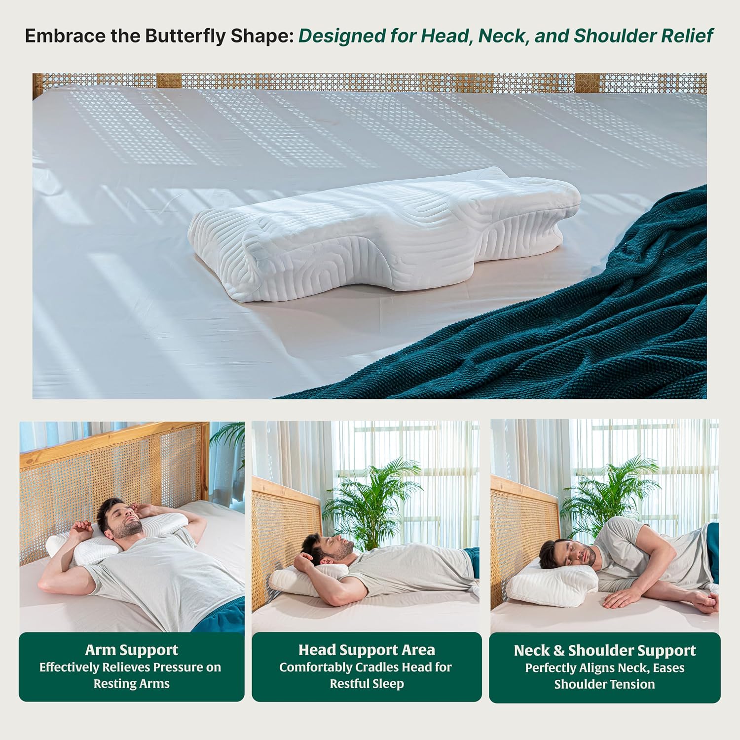 Butterfly Cervical Pillow For Neck & Shoulder Pain Relief, Orthopedic Pillow For Sleeping | Butterfly Pillow Memory Foam Pillow For Back & Side Sleeper | Dual Height, Washable Cover