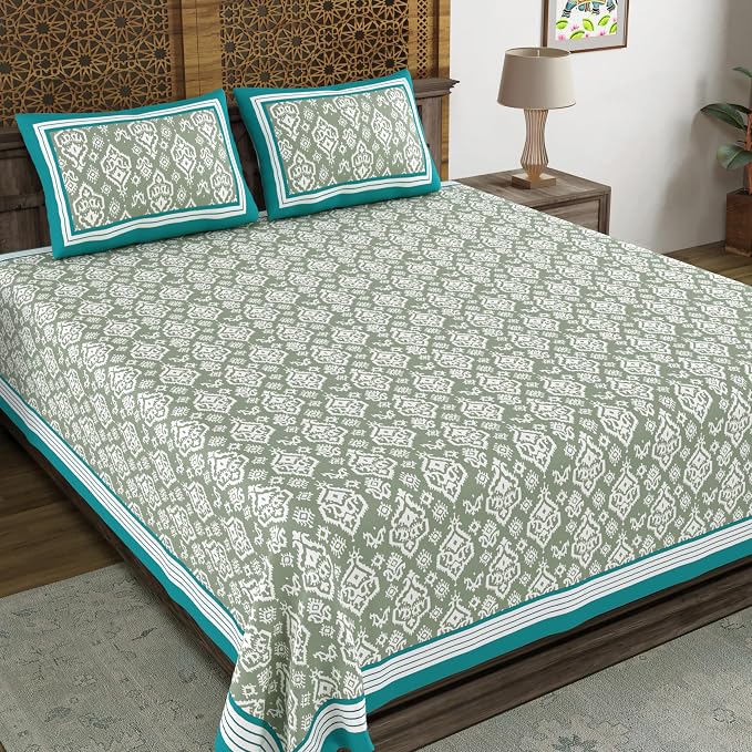 Hand Block Printed Cotton King Size Bedsheet With 2 Pillow Covers, 106 X 106 Inches, Teal Green | Good For Villas, Guest Houses, & Daily Home Use