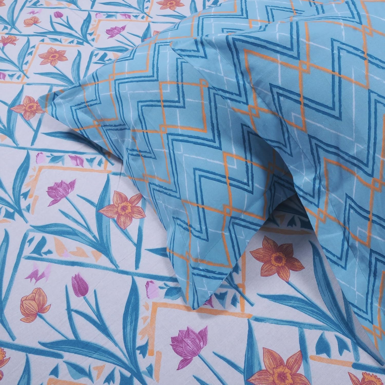 Double Bedsheet For Queen Size With 2 Pillow Covers - 88 X 96 Inches, Blue & Yellow | Beautiful Print For Luxury Bedsheets