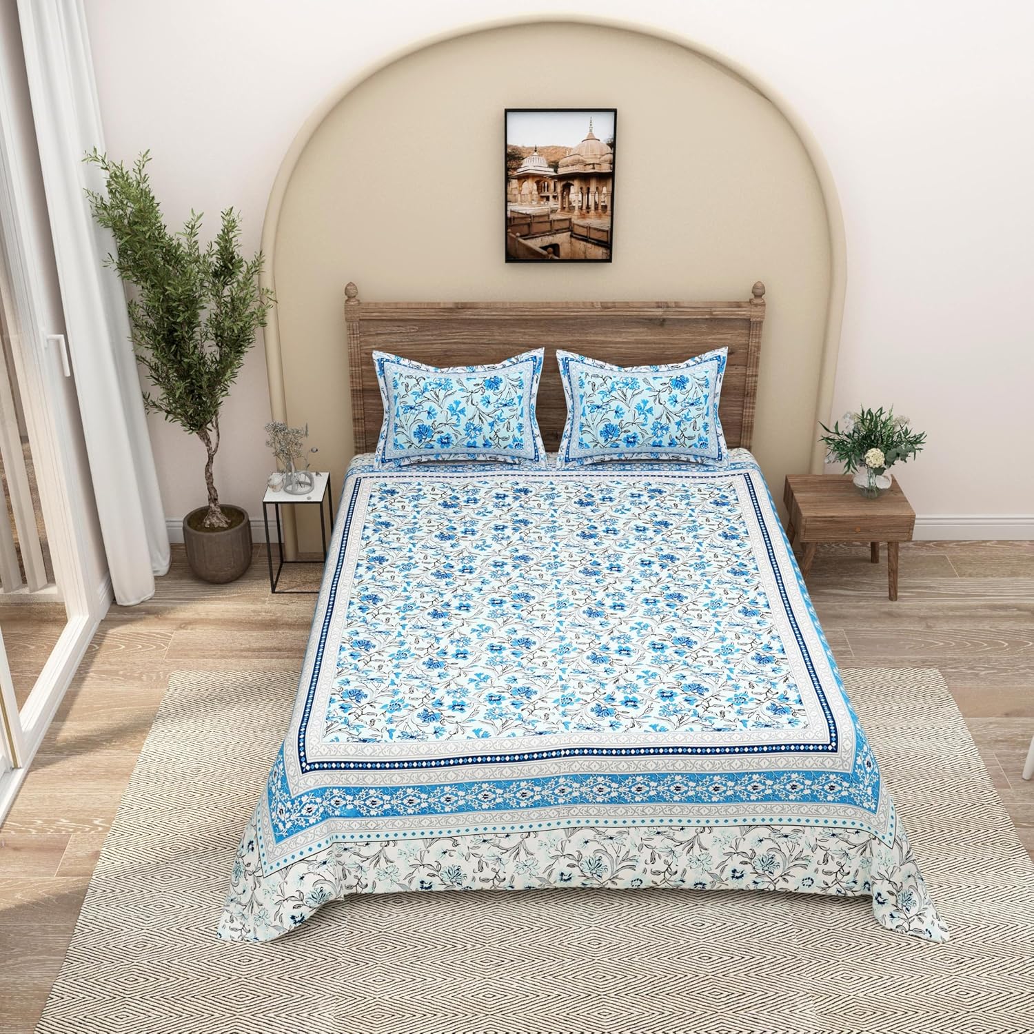 Traditional Rajasthani Design Bedsheet With 2 Pillow Covers - 90 X 108 Inches, Aqua & White | Color Fade Resistant & Shrinkage Resistant For All-Season Use