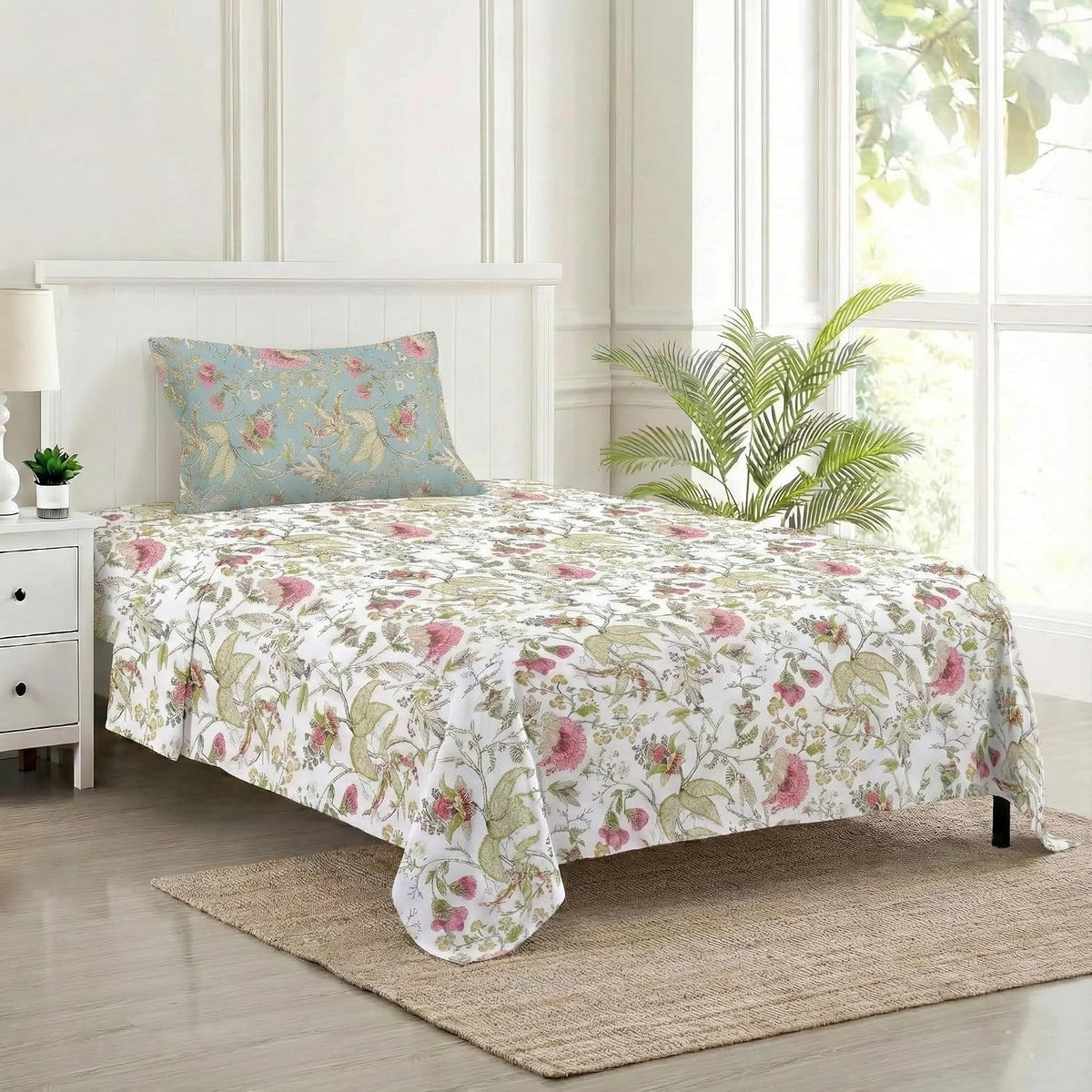 Cotton Printed Single Flat Bedsheet With 1 Pillow Cover - 60 X 100 Inches, Multicolor | Breathable & Skin Friendly Bedsheet | Ideal For Year Round Use