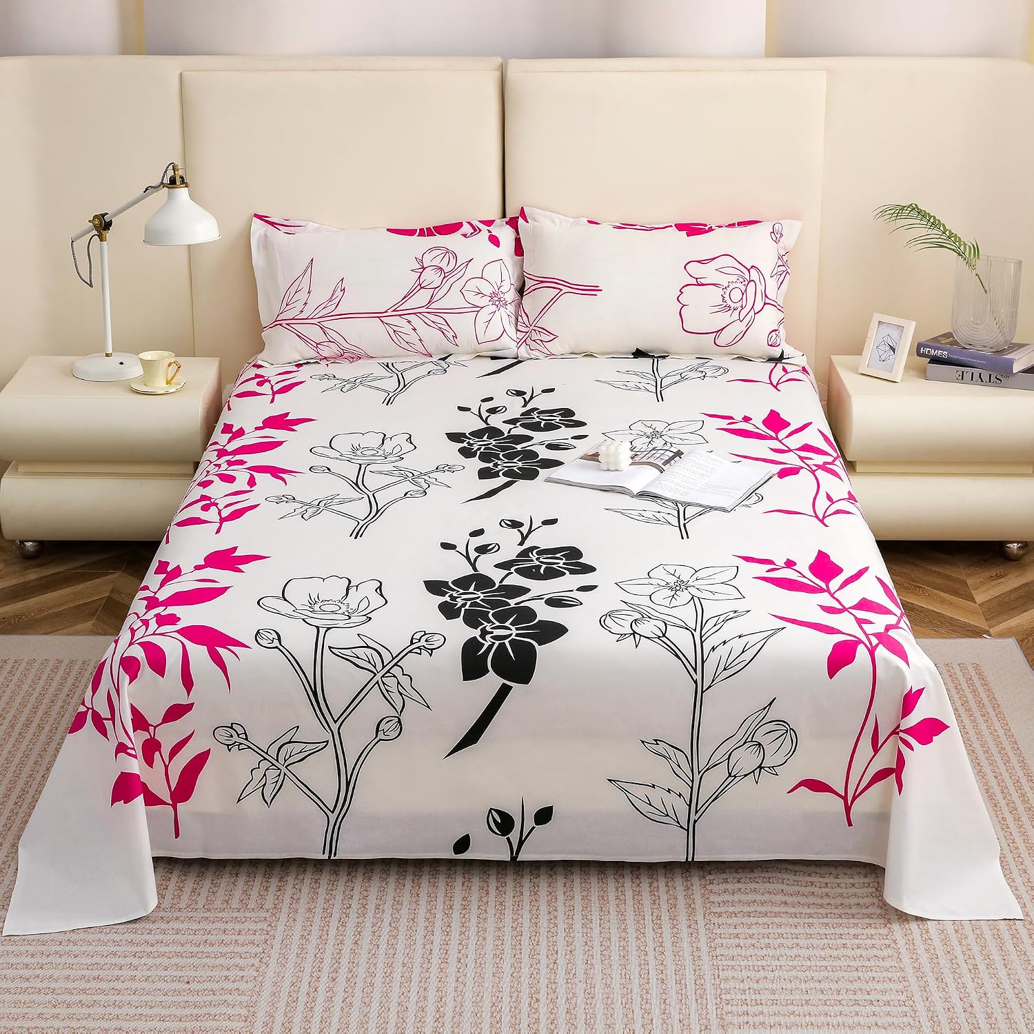 King Size Bedsheet With 2 Pillow Covers - 88 X 106 Inches, Pink & Black | Summer Breathable & Wrinkle Free | Bedsheet Long Lasting & Soft To Touch