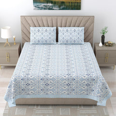 1 Queen Size Bedsheet For Double Bed With 2 Pillow Covers (90 X 108 Inches) Sky Blue & White | Beautiful Printed Designs - Breathable 100% Cotton Bedsheet Comfortable
