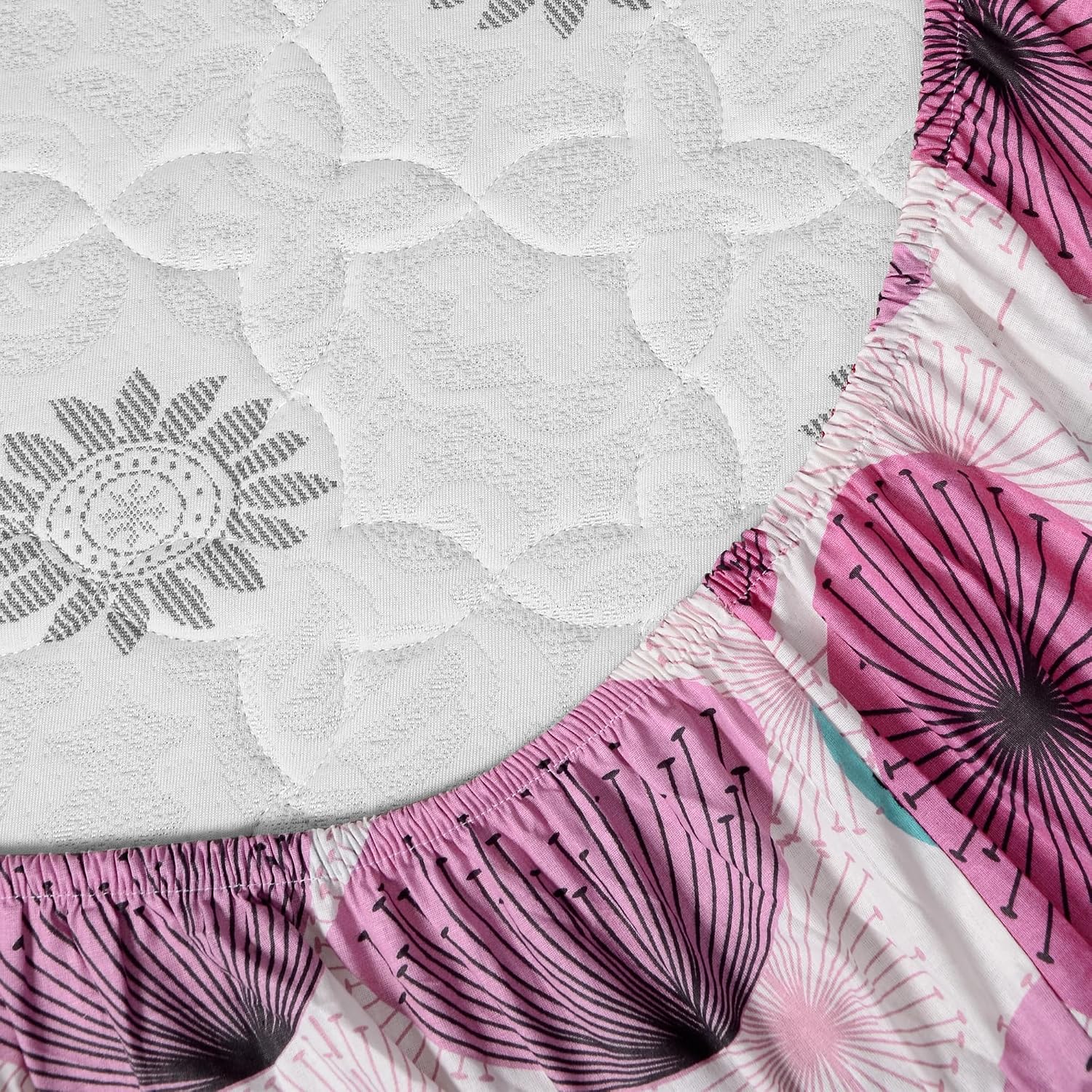 Printed King Size Double Bedsheet With 2 Pillow Cover For Bedroom | 72 X 78 + 9 Inches, Pink & White - All Around Elastic Fitted | Ideal For Everyday Use