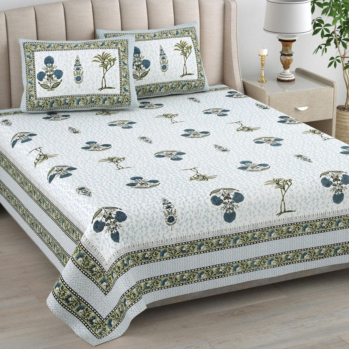 1 Queen Size Bedsheet For Double Bed With 2 Pillow Covers (90 X 108 Inches) Blue & Green | Premium Cotton Material - Ideal For House, Hotel, Guest House