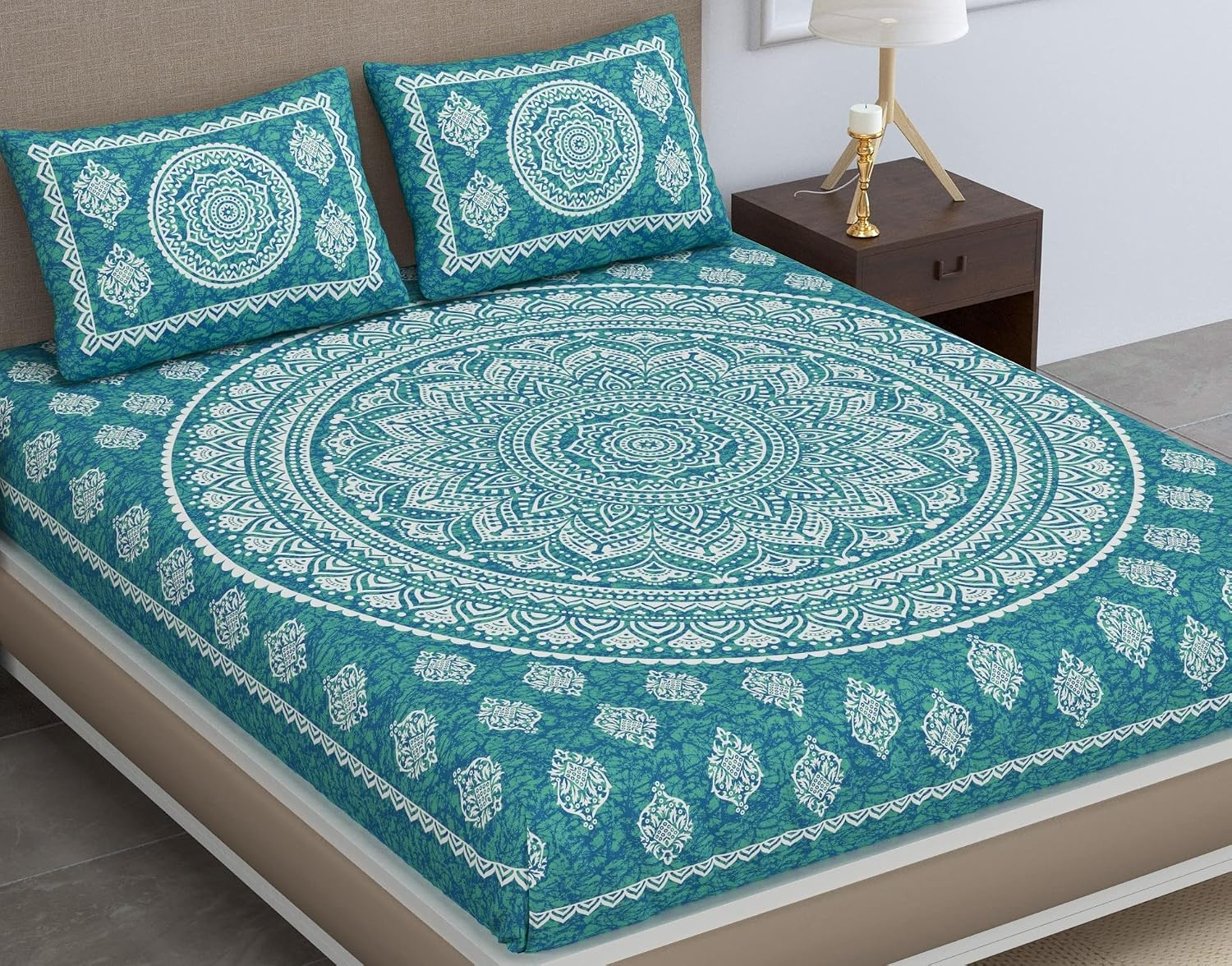 Printed Jaipuri Bedsheet For Double Bed With 2 Pillow Covers - 83 X 94 Inches, Sea Green | Long Lasting & Soft 120 Thread Count Bedsheet