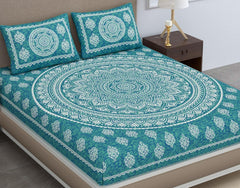 Printed Jaipuri Bedsheet For Double Bed With 2 Pillow Covers - 83 X 94 Inches, Sea Green | Long Lasting & Soft 120 Thread Count Bedsheet
