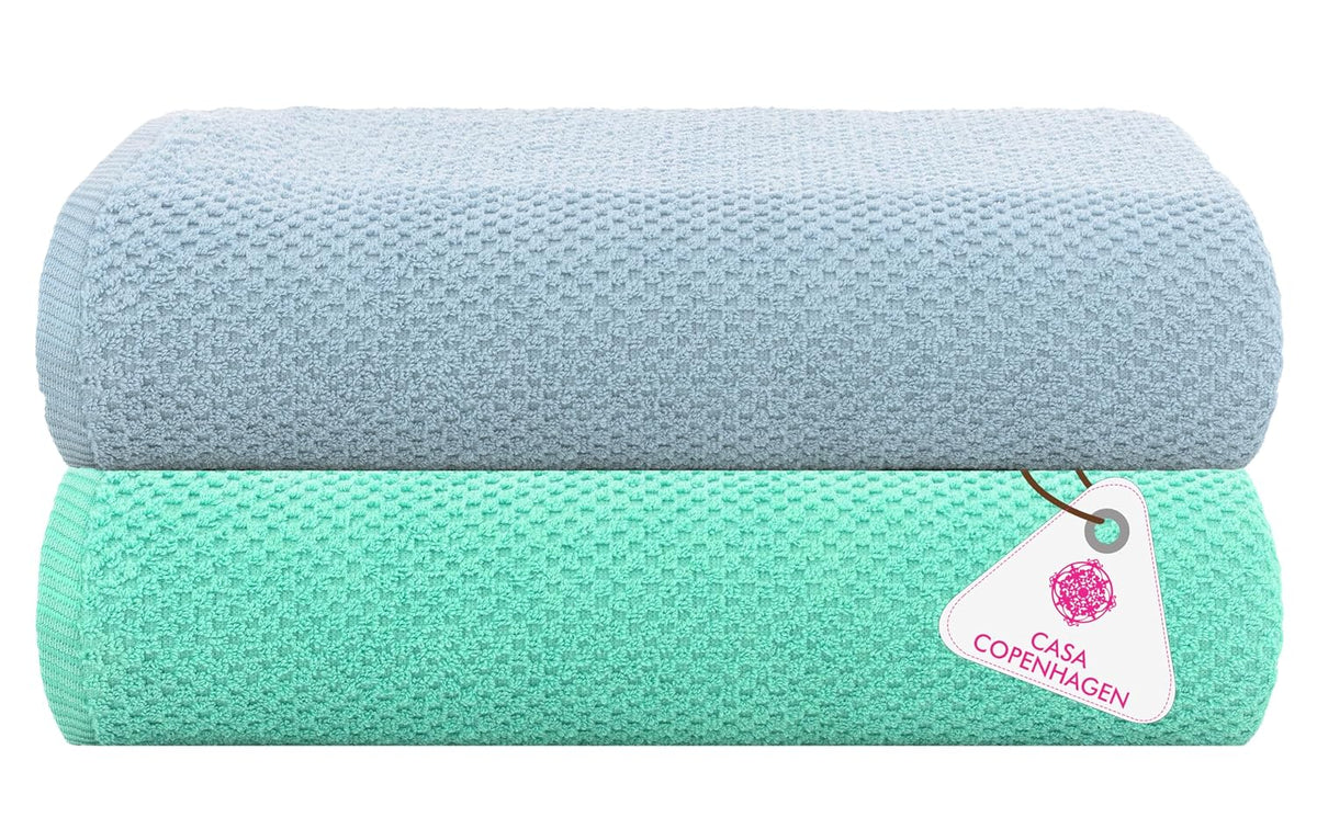 Casa Copenhagen Designed In Denmark Popcorn Super Soft 2 Pieces 100% Cotton Large Bath Towel 525 Gsm - Dusty Blue & Aqua Blue