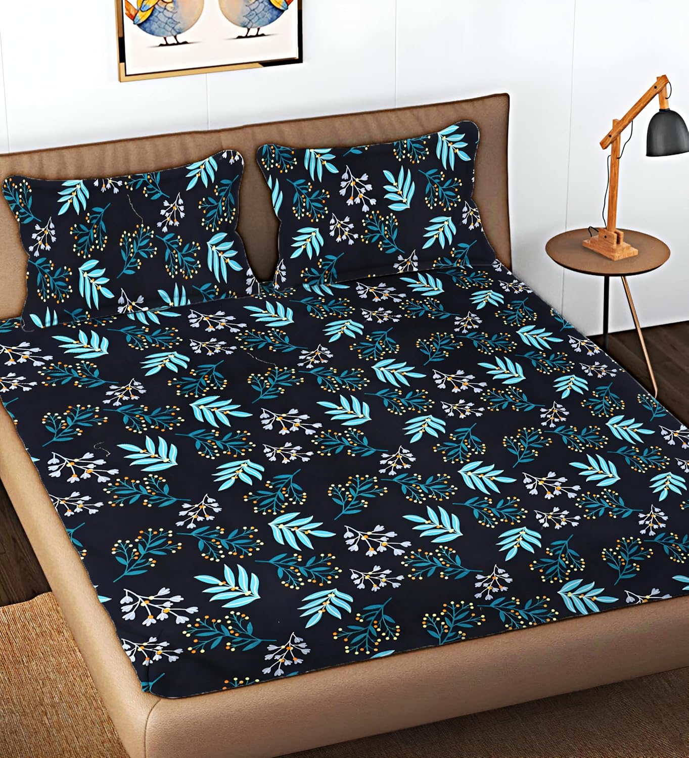 Premium Cotton Bedsheet For King Size With 2 Pillow Cover (90 X 90 Inches) Black & Blue | Long-Lasting & Luxuriously Soft | 210 Thread Count Bedsheet