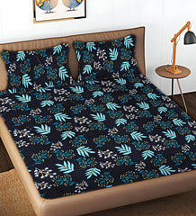 Premium Cotton Bedsheet For King Size With 2 Pillow Cover (90 X 90 Inches) Black & Blue | Long-Lasting & Luxuriously Soft | 210 Thread Count Bedsheet