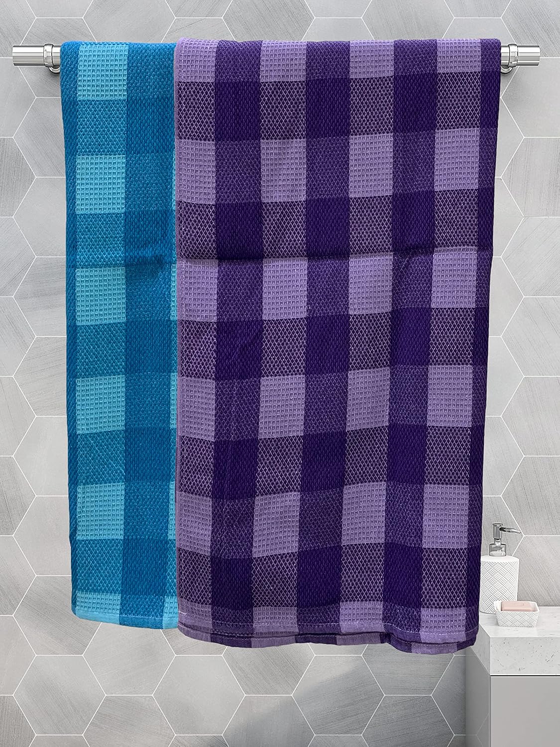 Athom Trendz Living Eco Saviour Premium Cotton Bath Towel 400 Gsm | Ultra Soft Super Absorbent Eco-Friendly Pearl White Bath Towels | S Blue & Purple Big Checks- Pack Of 2