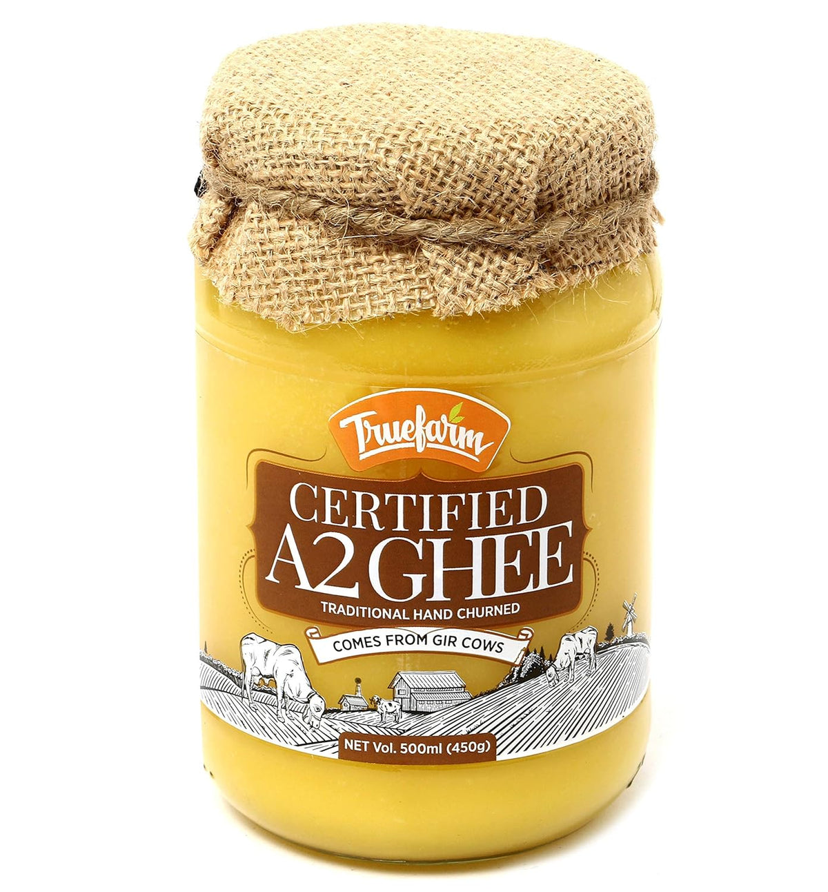 Organic Certifed A2 Ghee By Truefarm | Traditional Hand Churned Vedic Bilona Method Shuddh Desi Ghee Good For Health | (500ml) 16.9 Ounce | Jar Pack