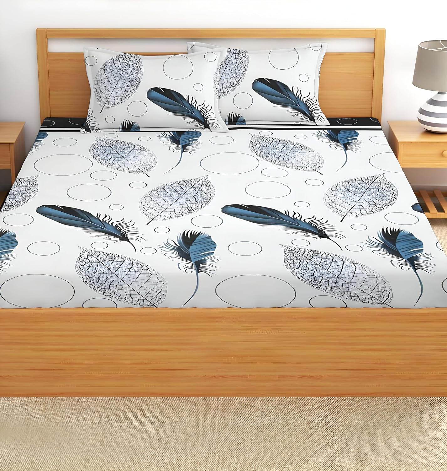 Printed King Size Bedsheet With 2 Matching Pillow Covers - 90 X 90 Inches, White & Teal | Durable & Long-Lasting | Naturally Soft, Breathable, & Skin-Friendly