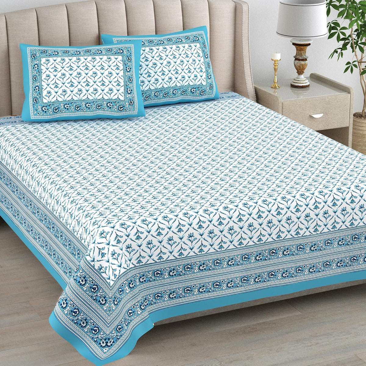 1 Queen Size Bedsheet For Double Bed With 2 Pillow Covers (90 X 108 Inches) White & Sky Blue | Beautiful Printed Designs - Breathable 100% Cotton Bedsheet Comfortable