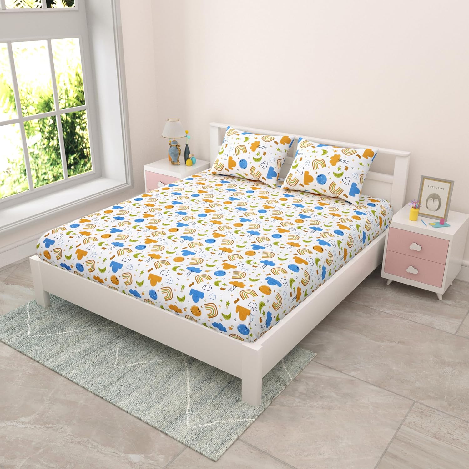 Pure Cotton Kids Bedsheet Double Bed Queen Size With 2 Pillow Covers | 90 X 100 Inches, Multicolor | Fun Cartoon Theme, Soft & Breathable Fabric