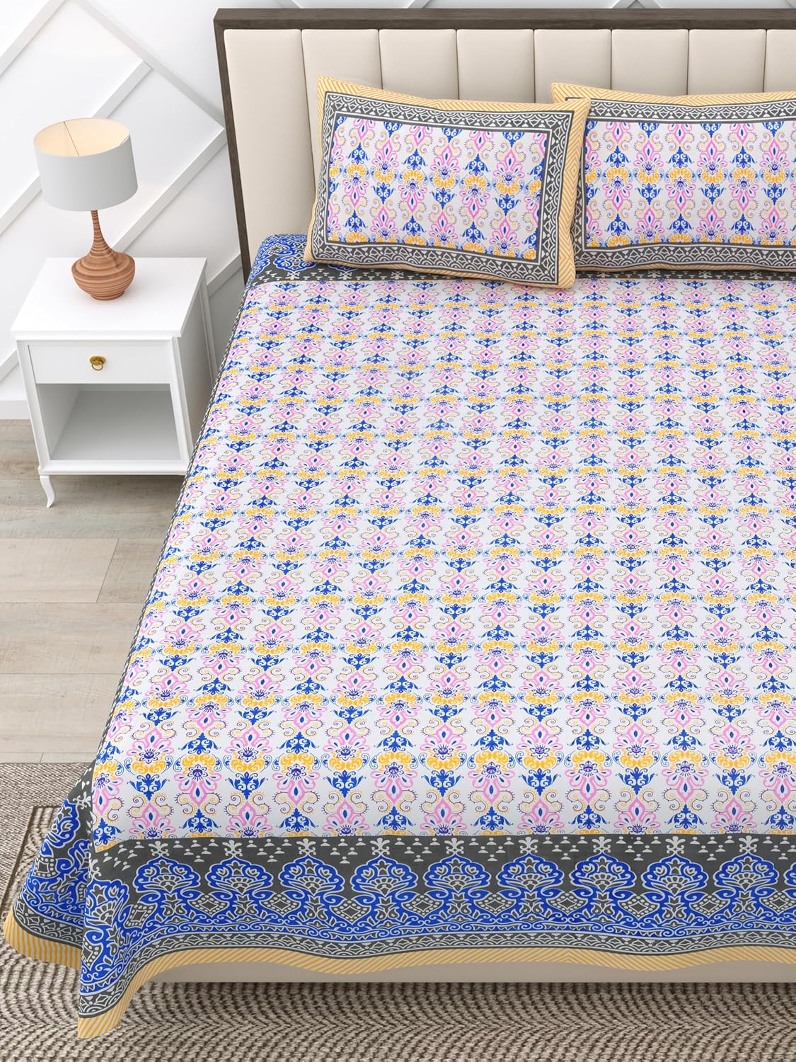 Suitable For King Size Bedsheet With 2 Pillow Cover - 90 X 108 Inches, Yellow & Blue | Soft, Breathable & Skin-Friendly Feel For Year-Round Comfort