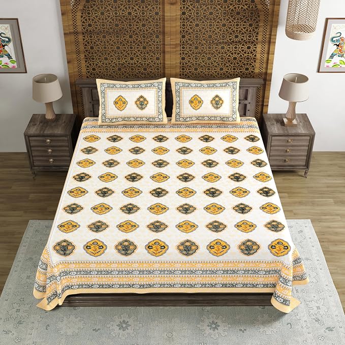 Traditional Hand Block Printed Cotton King Size Bedsheet With 2 Pillow Covers, 90 X 108 Inches, Yellow | Vibrant Bedding For Stylish Bedrooms