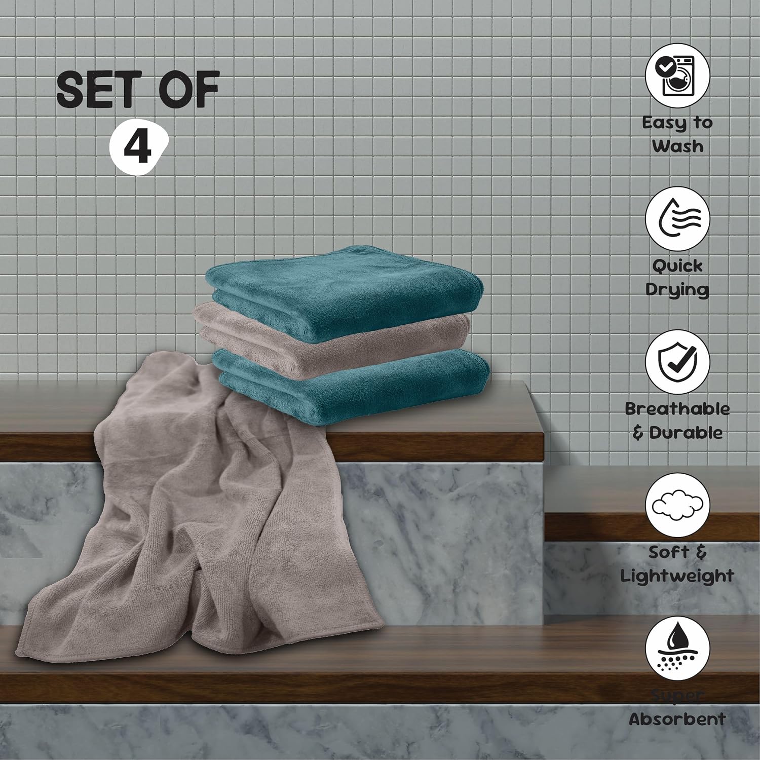 Housse Microfiber Hand Towel 800 Gsm | Premium Quality Towels Ultra Absorbent & Anti-Bacterial For Gym (Atmosphere & Pacific Green) - Pack Of 4