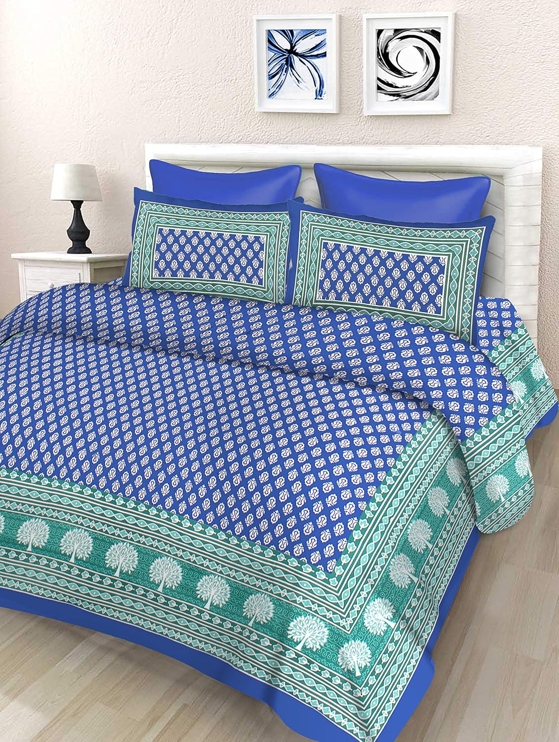 Printed Bedsheet For Double Bed With 2 Pillow Covers - 83 X 94 Inches, Blue & White | Ideal For Hotel, Guest House, Home | Traditional Jaipuri Bedsheets
