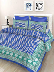 Printed Bedsheet For Double Bed With 2 Pillow Covers - 83 X 94 Inches, Blue & White | Ideal For Hotel, Guest House, Home | Traditional Jaipuri Bedsheets