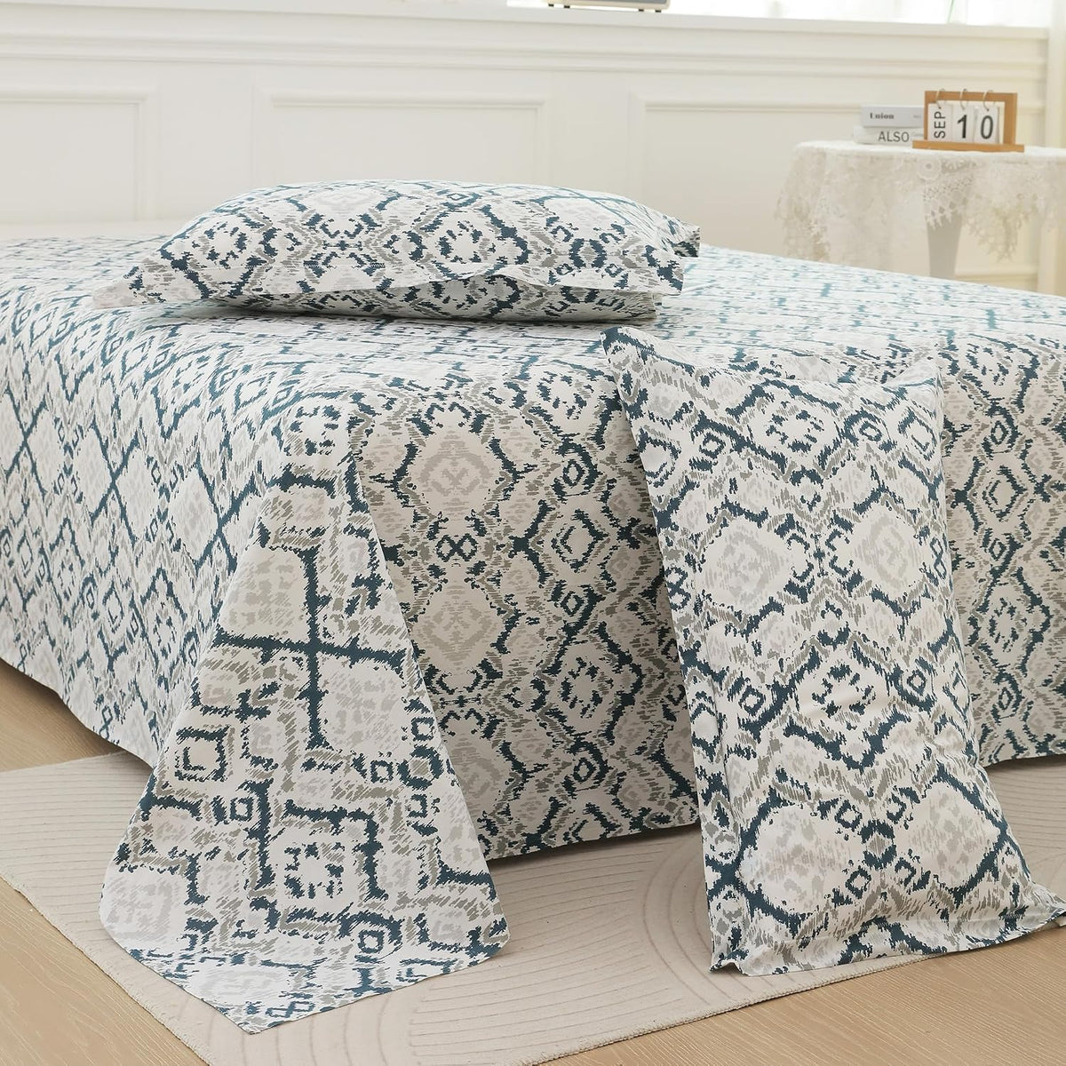 Bedsheet For Double Bed Cotton With 2 Pillow Covers, Dark Teal & Grey - Queen Size 88 X 100 Inches | 190 Thread Count - Ideal For Festive Occasions