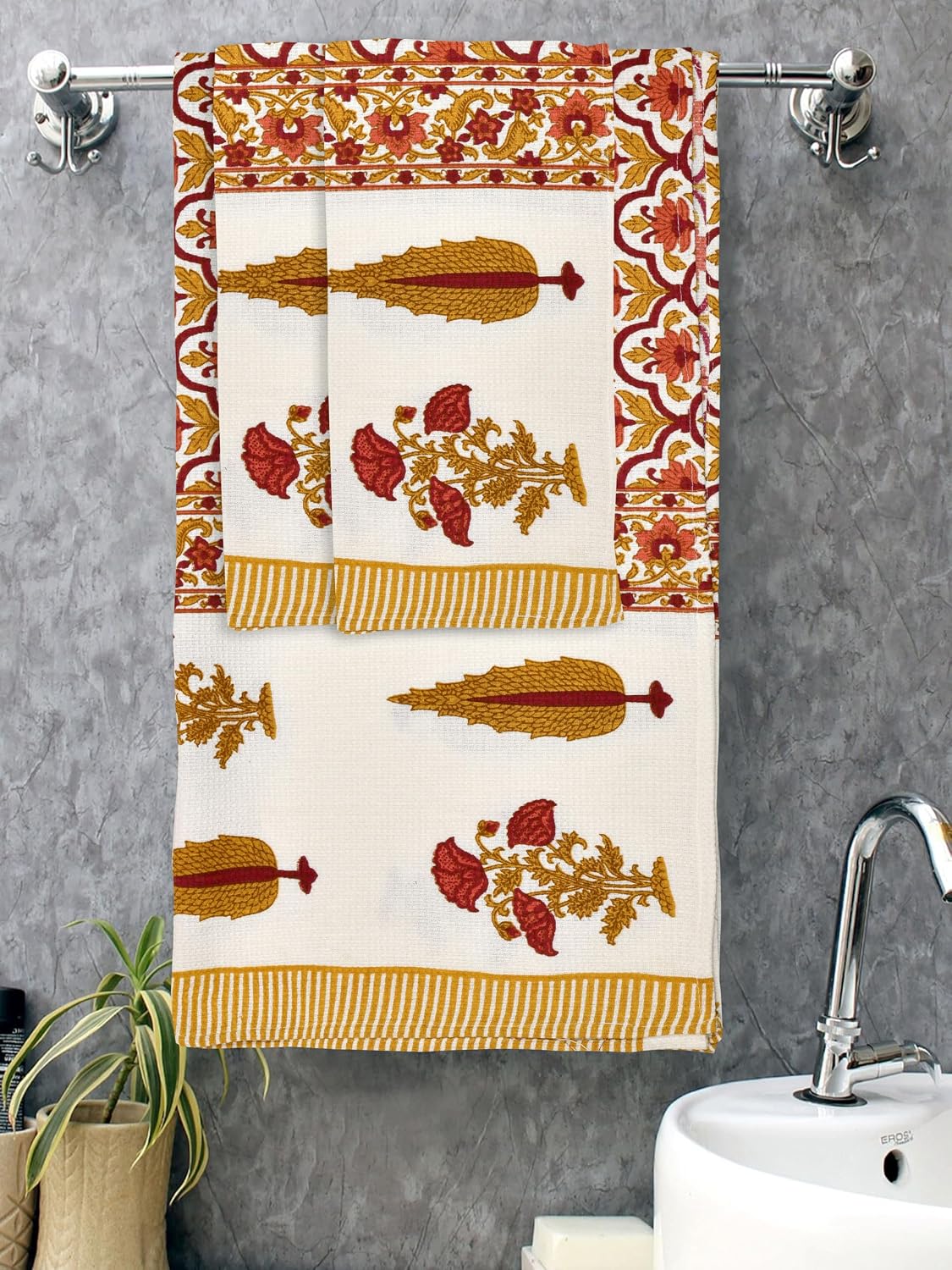 Mafatlal Madhuban Premium Cotton 1 Bath & 2 Hand Towel 700 Gsm | Hand Printed, Indian Floral Designs Towel (Oil Yellow) - 3 Pcs
