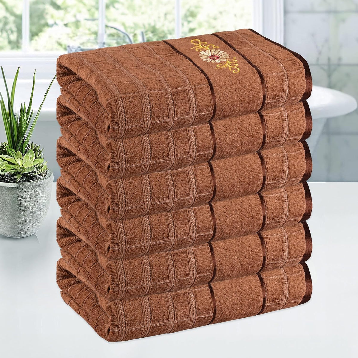 Kuber Industries Rectangle Super Absorbent Bath Towel 3000 Gsm | Soft & Comfortable Swimming & Bathing Towels | Gold Flower (Brown)- Pack Of 6