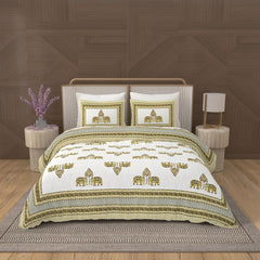 1 Queen Size Bedsheet For Double Bed With 2 Pillow Covers (90 X 108 Inches) Green & Cream | Premium Cotton Material - Ideal For House, Hotel, Guest House