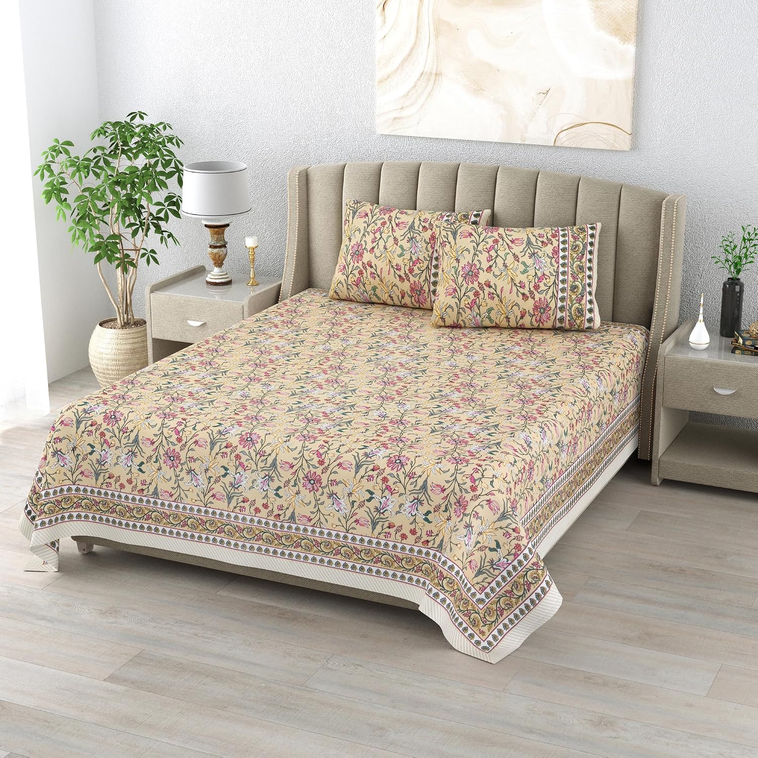 100% Cotton King Size Bedsheet With 2 Matching Pillow Covers - 90 X 108 Inches, Cream | Designer Printed Bedsheet Set - Naturally Soft, Breathable, & Skin Friendly