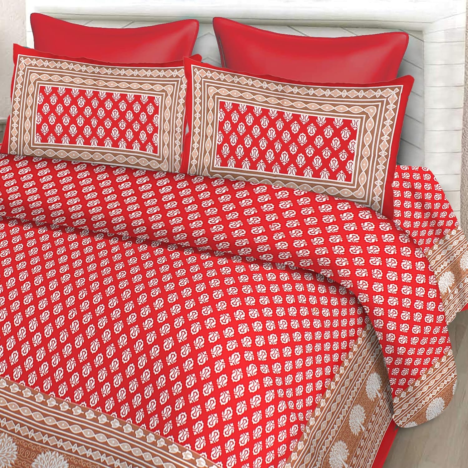 Printed Double Bedsheet For King Size With 2 Pillow Covers - 90 X 100 Inches, Red & White | Better Use Soft Detergent For Long Durability