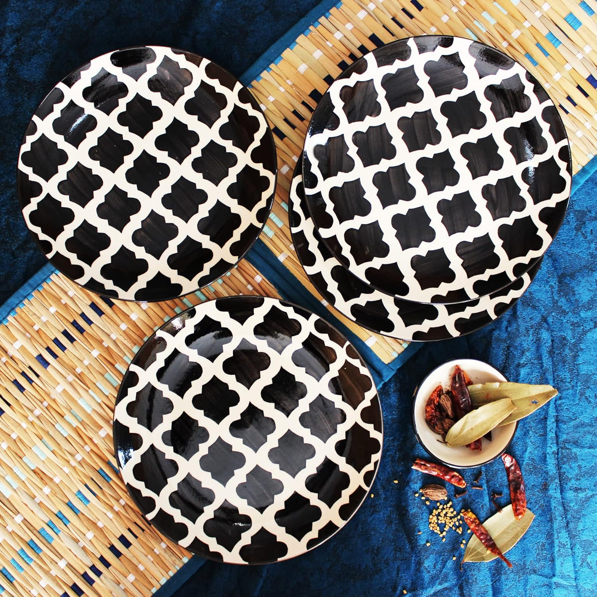 Black Moroccan Ceramic Dinner Plates Set Of 4 - 10 Inches, 4 Pieces | Hand Painted Full Ceramic Plates For Dinner - Microwave Safe & Dishwasher Safe