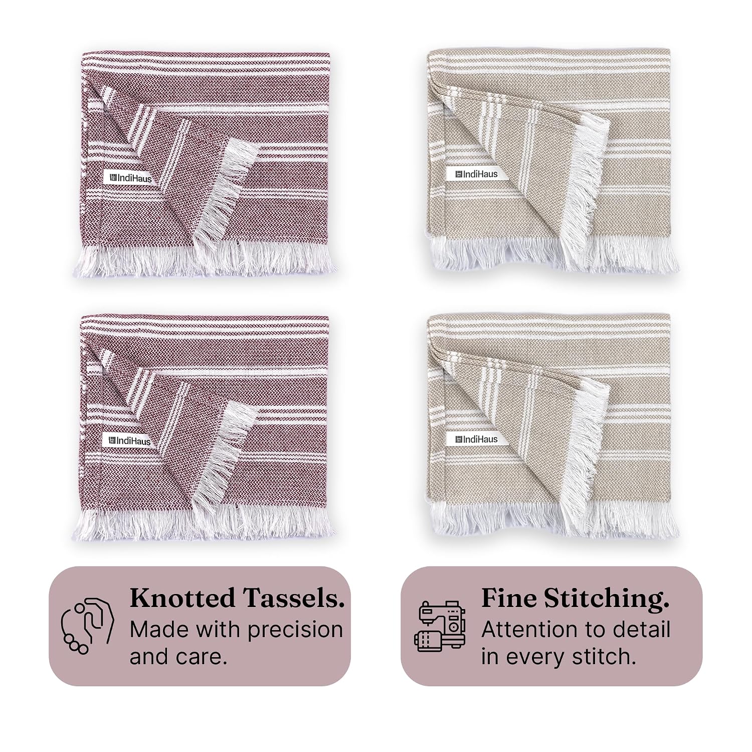 Indihaus Premium Cotton Hand Towel 310 Gsm | Soft, Absorbent, Multi-Purpose Towel Set | Earthy Crimson & Serene Beige (Set Of 4)