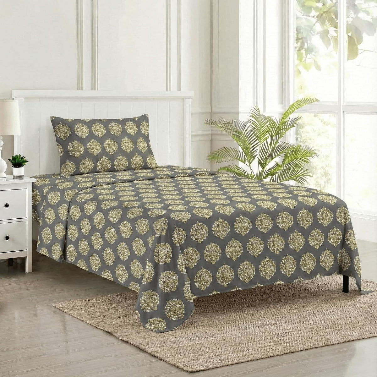 Cotton Printed Single Flat Bedsheet With 1 Pillow Cover - 60 X 100 Inches, Grey & Mustard | Breathable & Skin Friendly Bedsheet | Ideal For Year Round Use